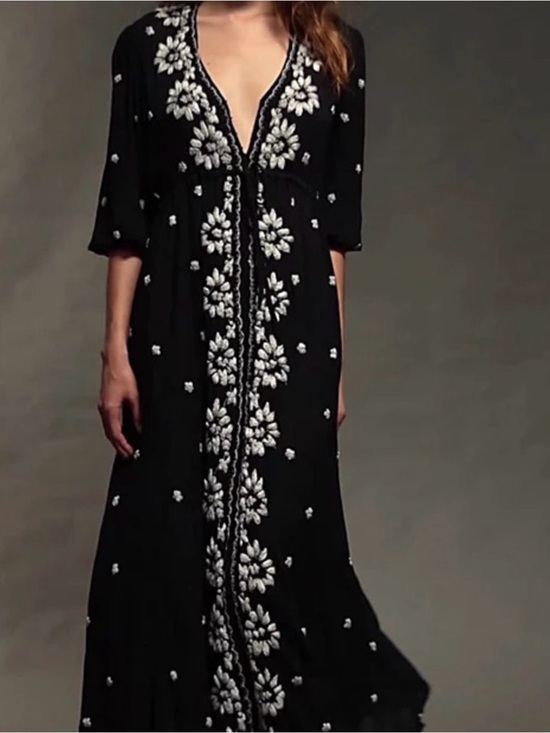 Free People Dresses & Skirts - Free People Black Embroidered Maxi Dress with White Floral Detail